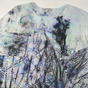 Women's Jess‎ & Jane Large Blue Trees 3/4 Sleeve Asymmetric Sheer Hem Tunic Top